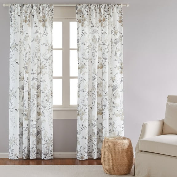 Levtex Home - Pisa - Drape Panel/Curtain (55x84in.) Set of 2 with Rod Pocket - Floral Contemporary Peacock - Grey and Taupe - Black, Fuchsia, Purple, Orange, Blue and Yellow - Cotton Fabric