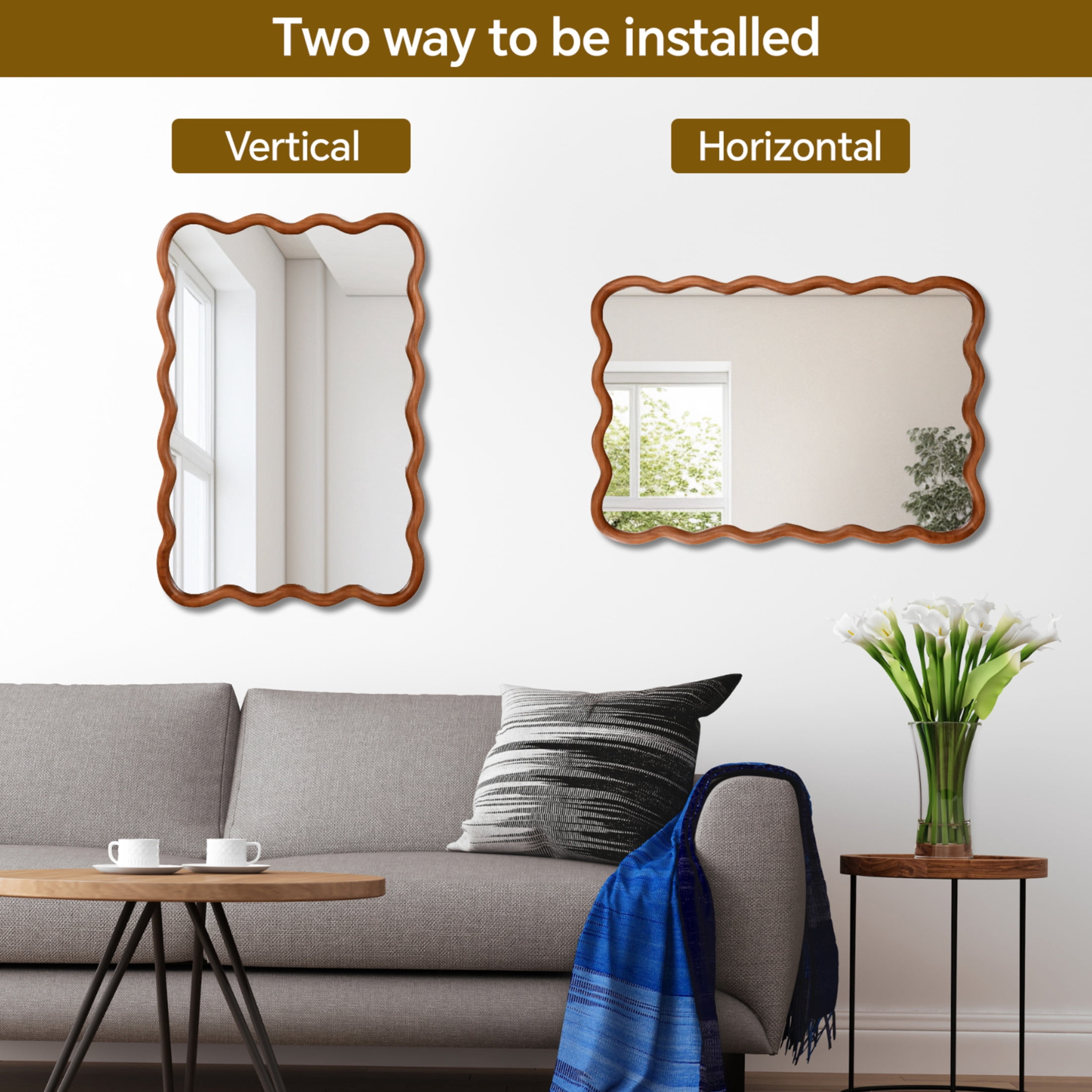 Noble House 24x36 Inch Wavy Rectangle Wall Mirror, Solid Wood Decorative Vanity Mirror, Yellow Brown