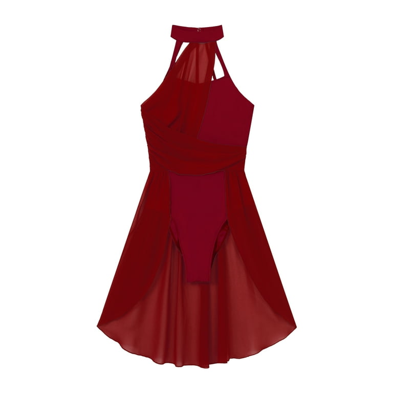 DPOIS Womens Ruched Chiffon Patchwork Dancewear Leotard Dress Burgundy S