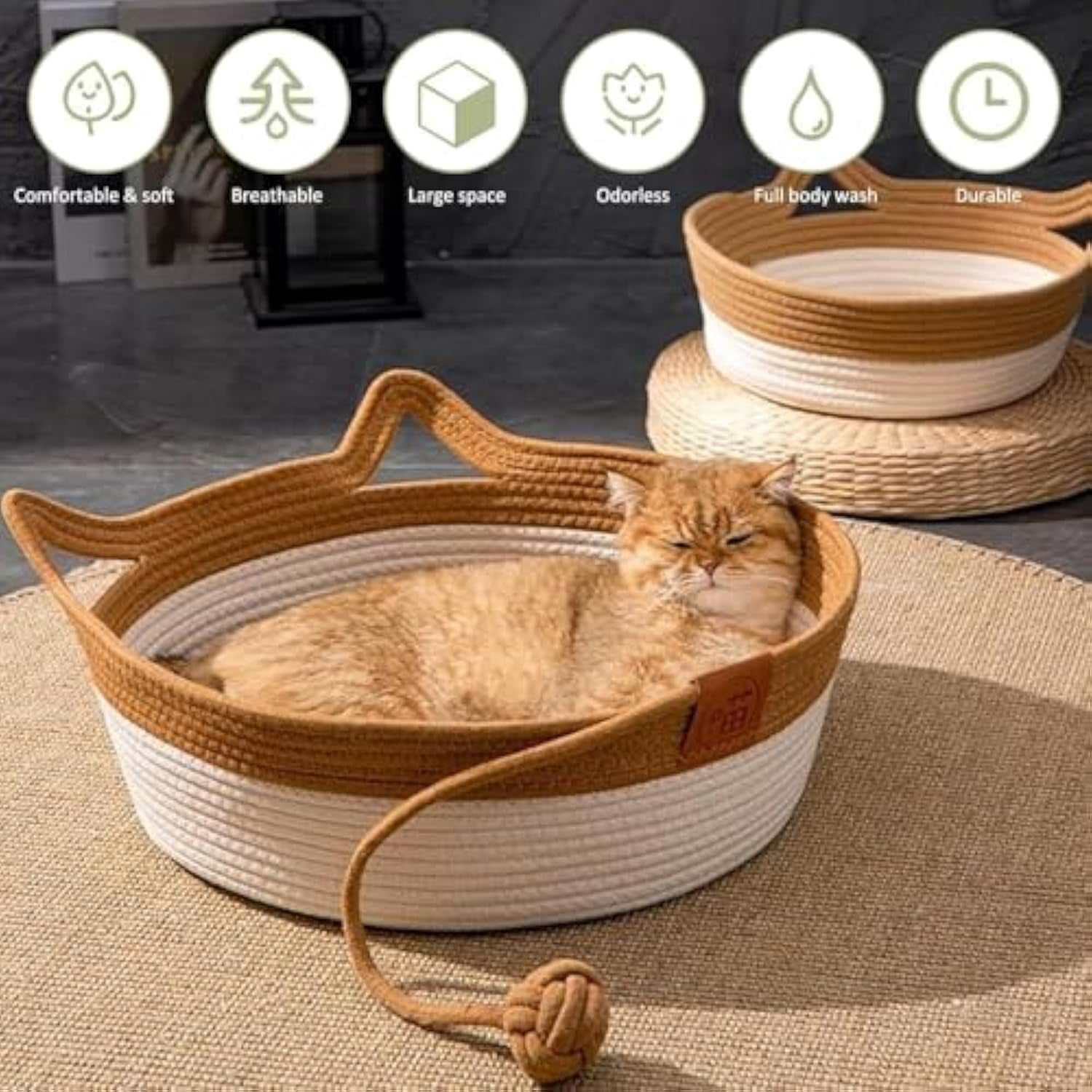 Stimulicat Cat Bed, Stimuli Cat Handwoven Basket, StimuliCat Cats Bed with Toy Tail, Foldable Scratchable Breathable Prevents Overheating for Cats (Beige-Gray,for 5.5-11.5 Ibs)