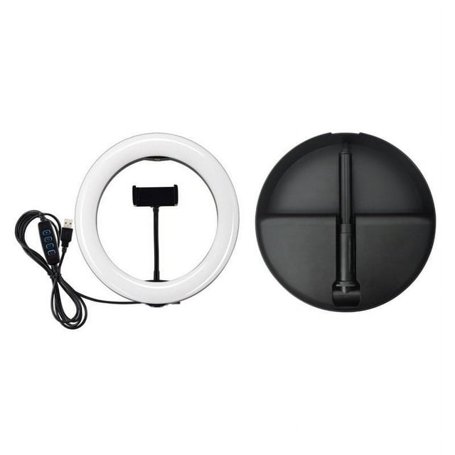 26cm Dimmable LED Ring Light With Round Base Bracket Selfie Phone Clip Flashes black