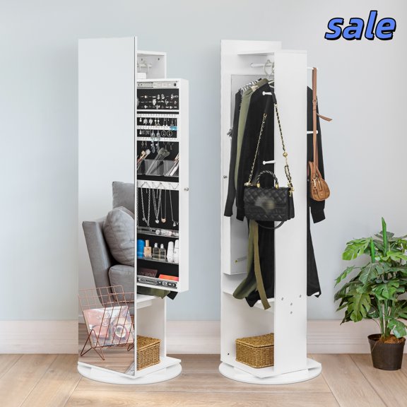 Hassch Full Length Mirror Jewelry Cabinet 360° Rotatable, Standing Mirror With Jewelry Storage Shelves, Jewelry Organizer with Coat Rack, White