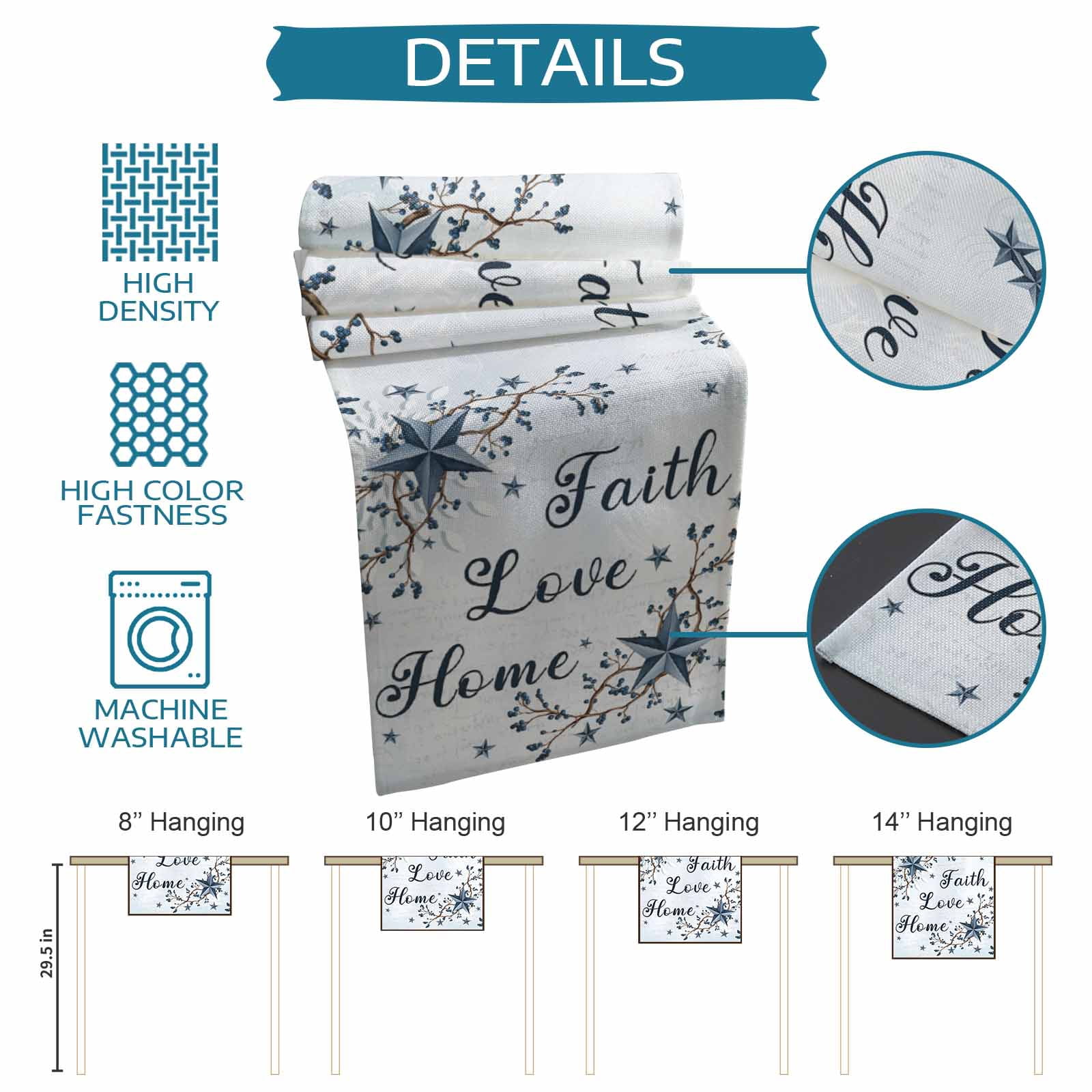 Texas Star Country Cotton Linen Table Runner for Dining Kitchen, Blue Farmhouse Branches Wedding Outdoor Party Tablerunners Decoration, Dresser Scarf Coffee Tablecloth Runners 13x90 Inches