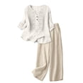thumbnail image 4 of Womens 2 Piece Linen Suits Cute Summer Flowy Matching Suit Boho Flowy Embroidered Tops Wide Leg Pants Casual Sets, 4 of 6