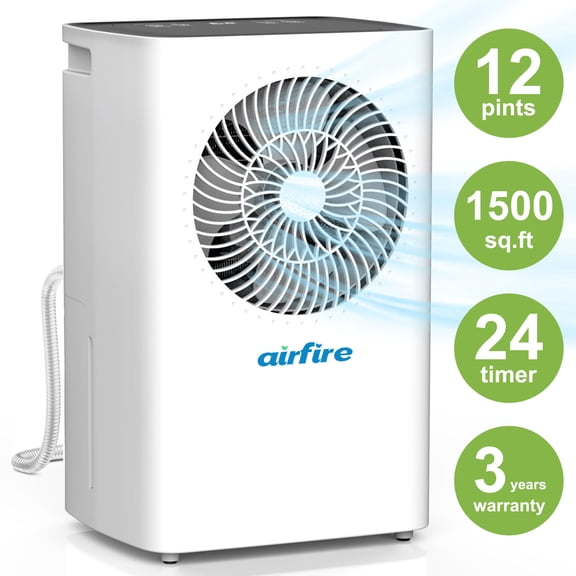 AIRFIRE 12 Pint Dehumidifiers, 1500 Sq.Ft Dehumidifier with Drain Hose, 0.59 Gal Water Tank, Overflow Protection, Dehumidifiers for Home Basement Bedroom Bathroom Laundry Room
