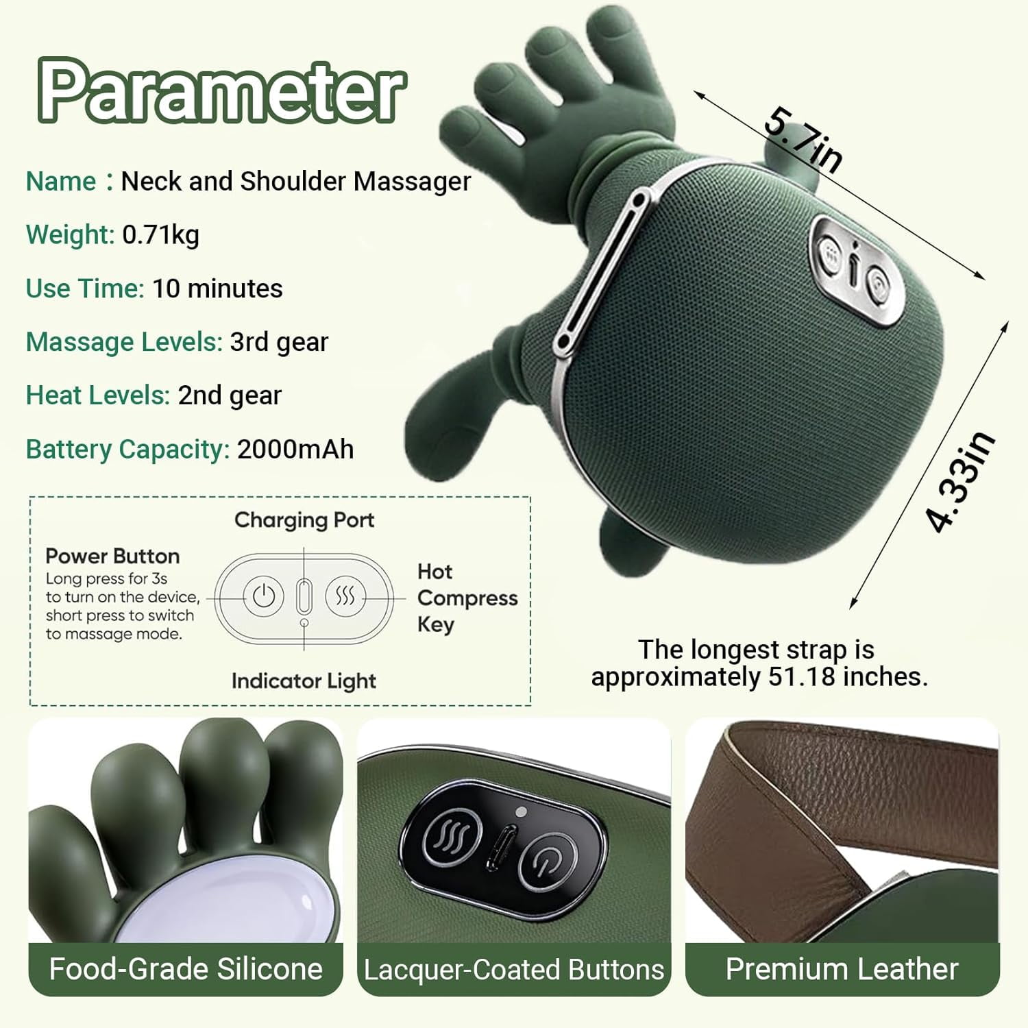 Neck Massager with Fingers - Bionic Heated Massager,Wireless Portable Electric Shiatsu 4D Kneading Massage, Simulated Human Hand Design(Green)