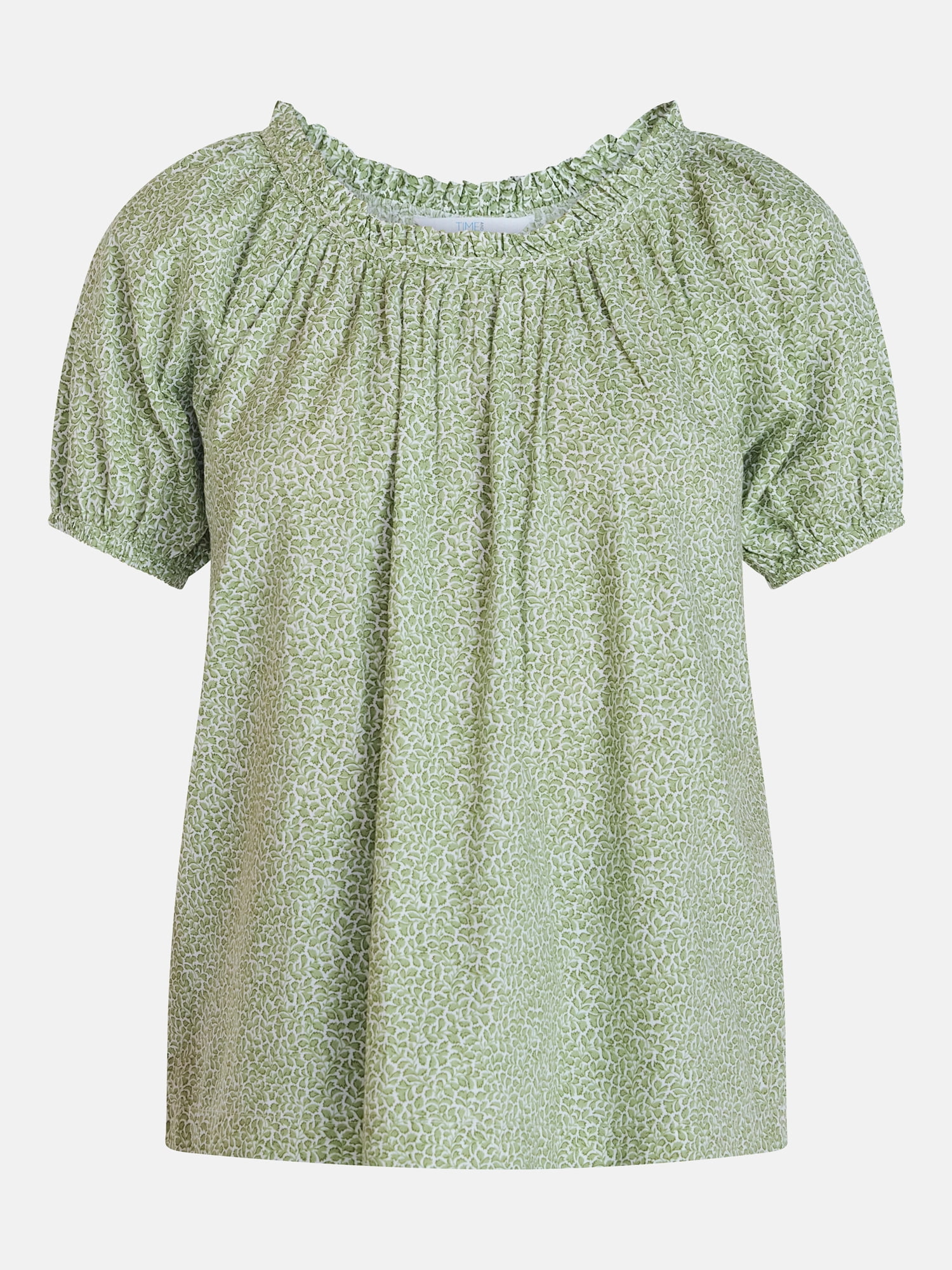 Time and Tru Women's Ruffle Neck Cotton Top with Short Puff Sleeves, Sizes XS-XXXL