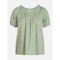 thumbnail image 6 of Time and Tru Women's Ruffle Neck Cotton Top with Short Puff Sleeves, Sizes XS-XXXL, 6 of 6