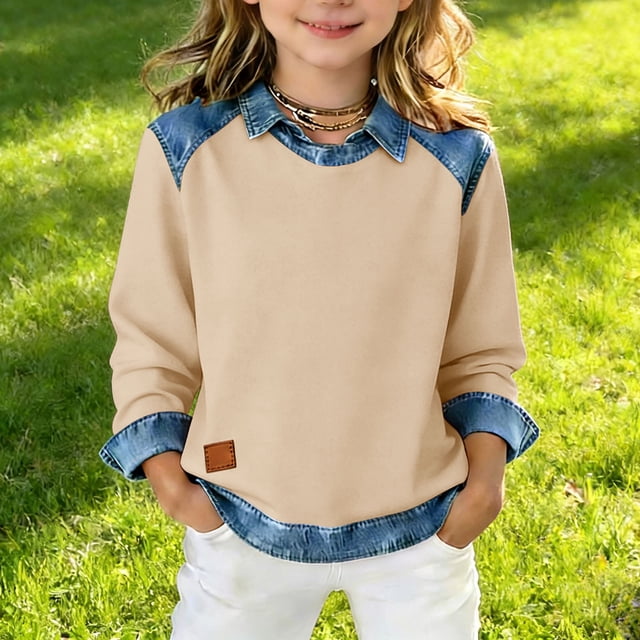 Sudadera con capucha de manga larga para niñas de 5 a 14 años, color liso, con solapa y parches de mezclilla