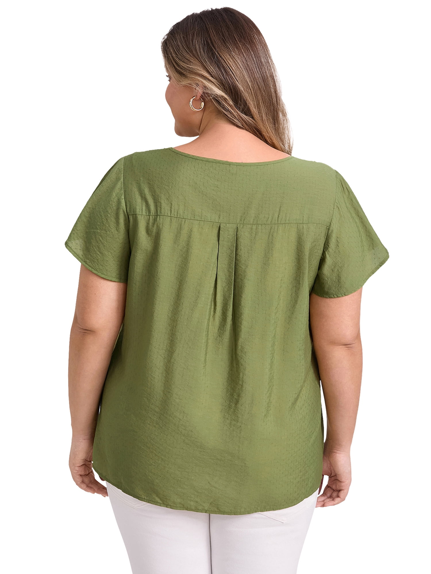 DARING DIVA Women's Plus Crew Neck Ruffle Casual Blouse 1X Olive Green