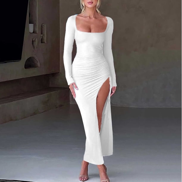 WILLBEST Vestidos Casuales Para Mujer, Vestidos Largos Maxi De Fiesta Sexis Fruncidos Con Cuello Cuadrado, Manga Larga, Abertura Lateral Alta En El Muslo Y Cordón Ajustable Para Mujer