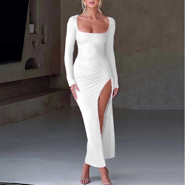 WILLBEST Vestidos Casuales Para Mujer, Vestidos Largos Maxi De Fiesta Sexis Fruncidos Con Cuello Cuadrado, Manga Larga, Abertura Lateral Alta En El Muslo Y Cordón Ajustable Para Mujer