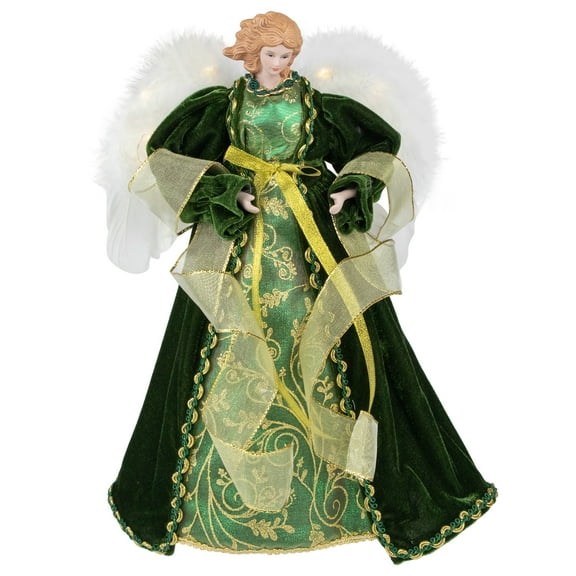 Northlight Angel with Lighted Wings Christmas Tree Topper - 14" - Green and Gold