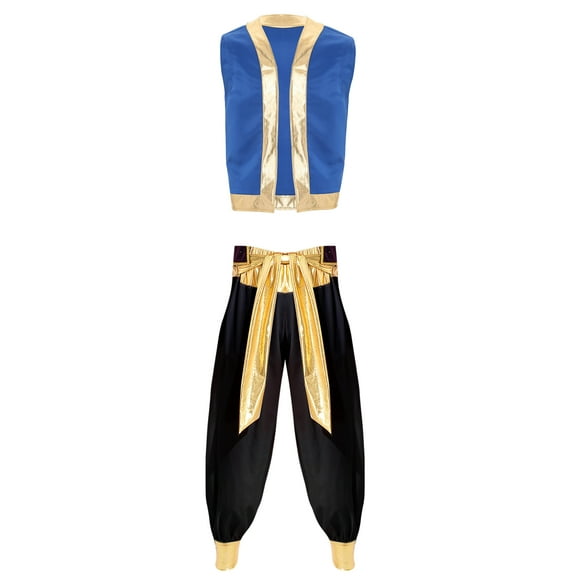 vastwit Mens Arabian Prince Costume Open Front Vest Waistcoat with Belted Bloomers Pants Black XXL