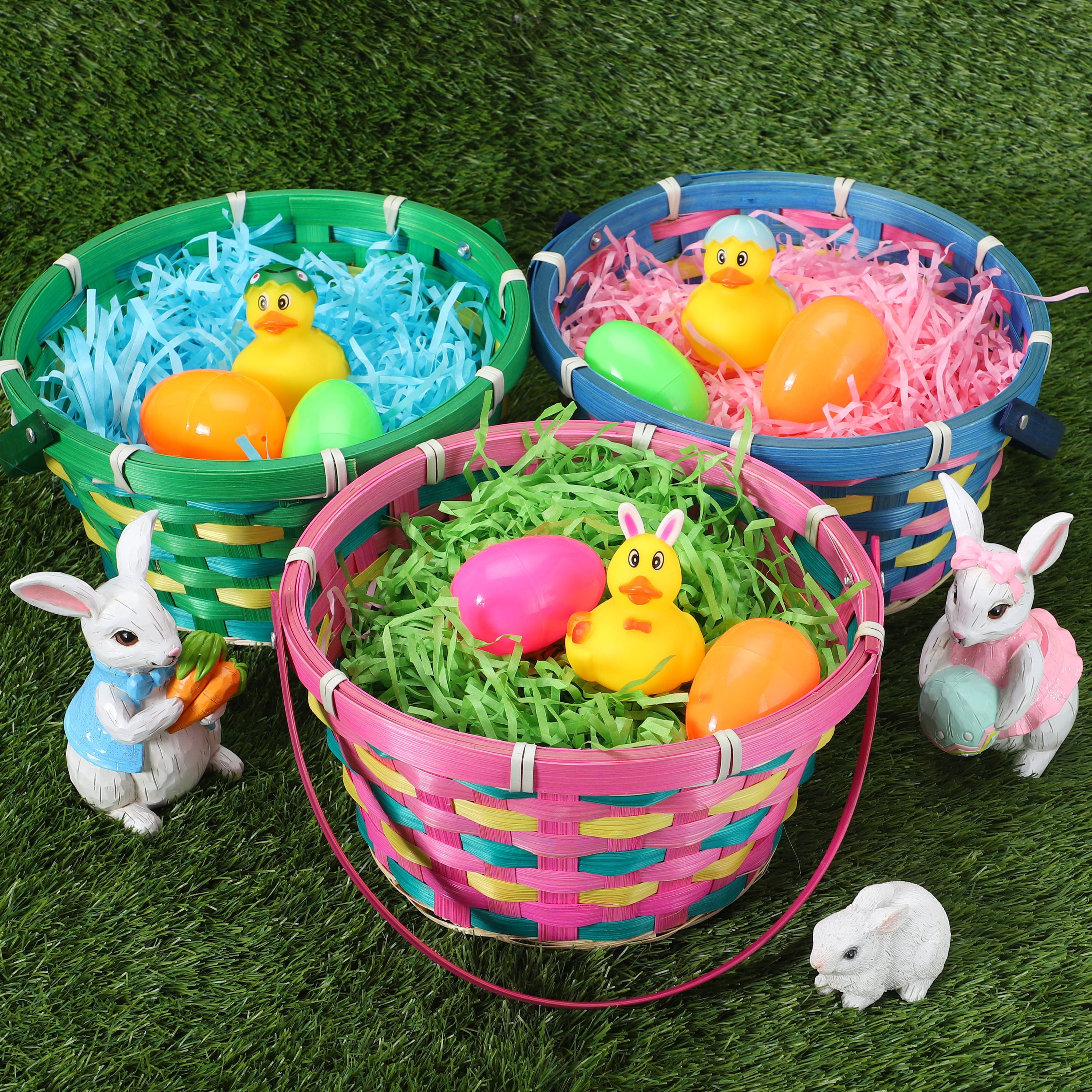 Joyfy 3 Pcs Easter Baskets for Kids,Easter Woven Basket with 3 Colors Grass,Handmade Woven Easter Basket with Handle for Easter Egg Hunt,Filling with Party Favors