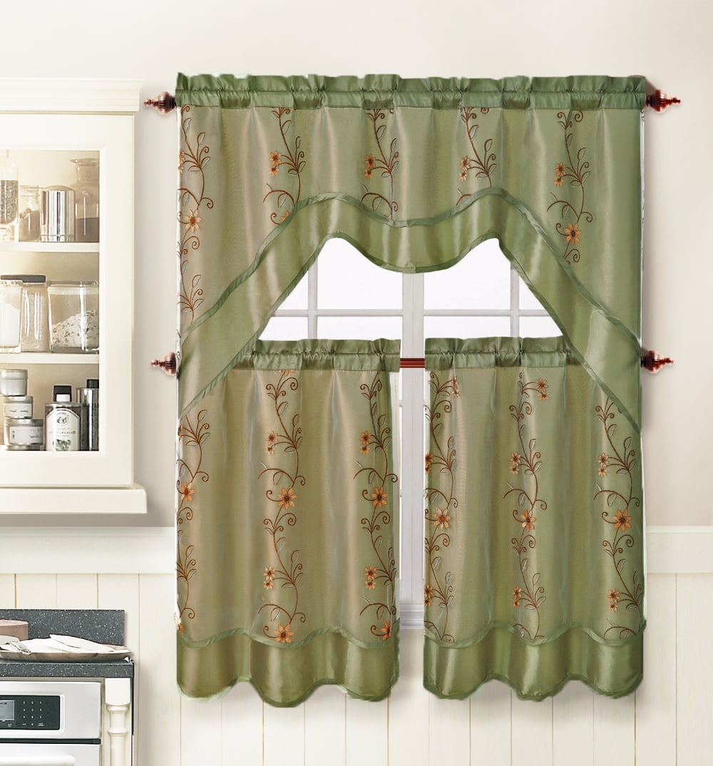 Sage 3 Piece Kitchen Window Curtain Treatment Set 2 Layer, Embroidered