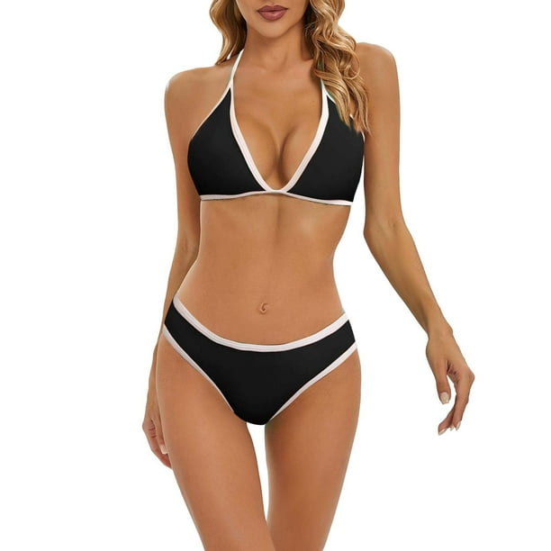 Conjuntos de bikini Prolriy para mujer, conjunto de bikini de moda para mujer con bloques de color y almohadillas acolchadas, trajes de baño para mujer, negro, L