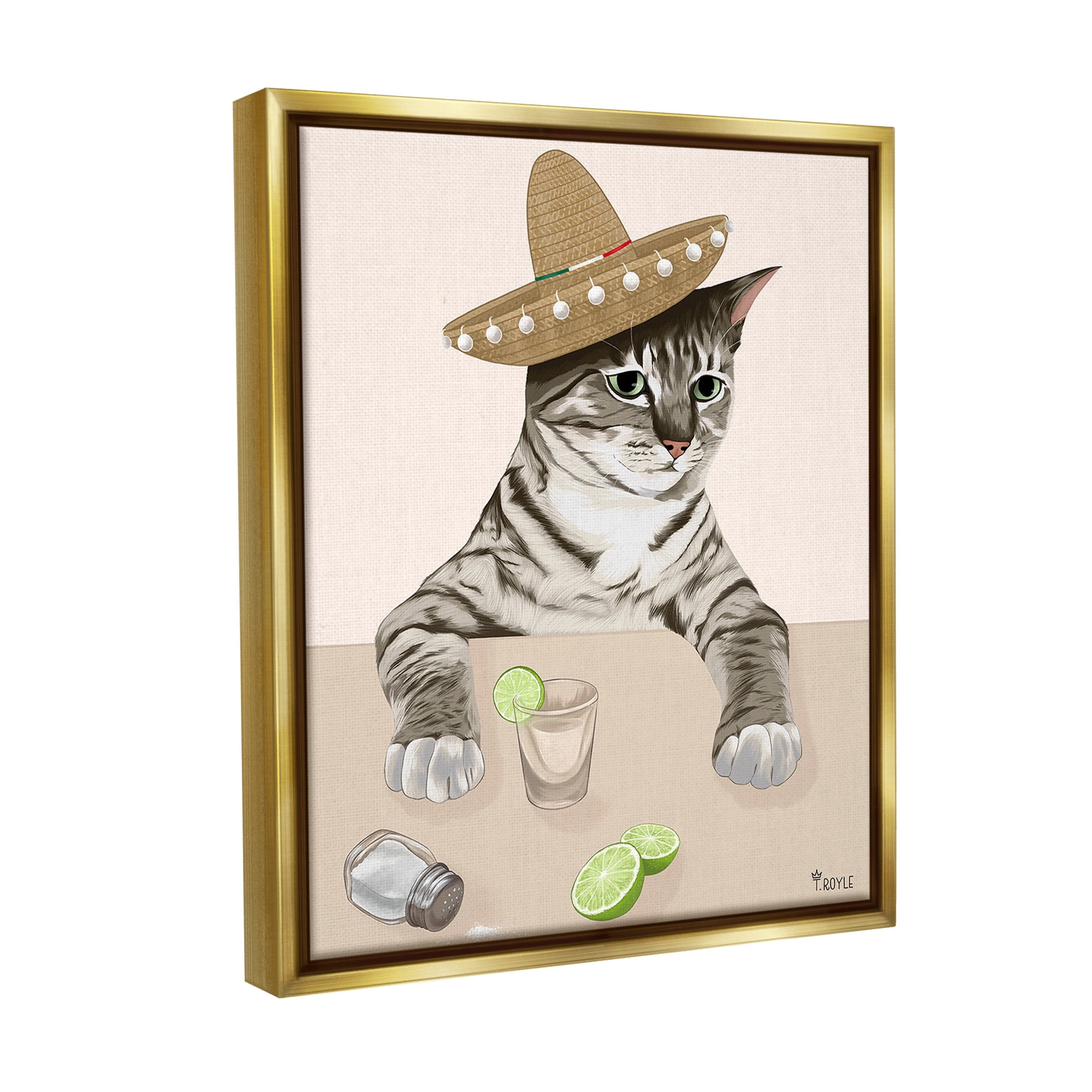 Stupell Industries Sombrero Cat & Cocktail Animals & Insects Painting Gold Floater Framed Canvas Art Print Wall Art, 17 x 21
