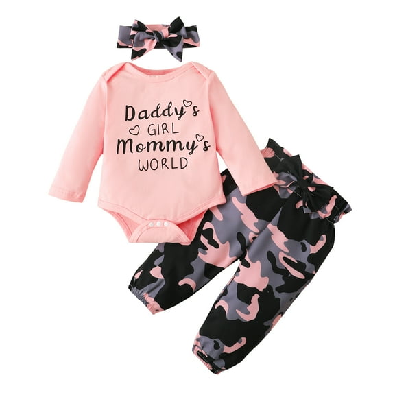 Newborn Baby Girls Clothes 3 Months Girls 3PCS Fall Winter Outfits Set Letter Print Newborn Girls Long Sleeve Top Camo Pants Set with Headband Pink