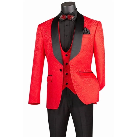 Men's Vinci Suits Slim Fit Vested Paisley Wedding Tuxedo Red Size 42 Long