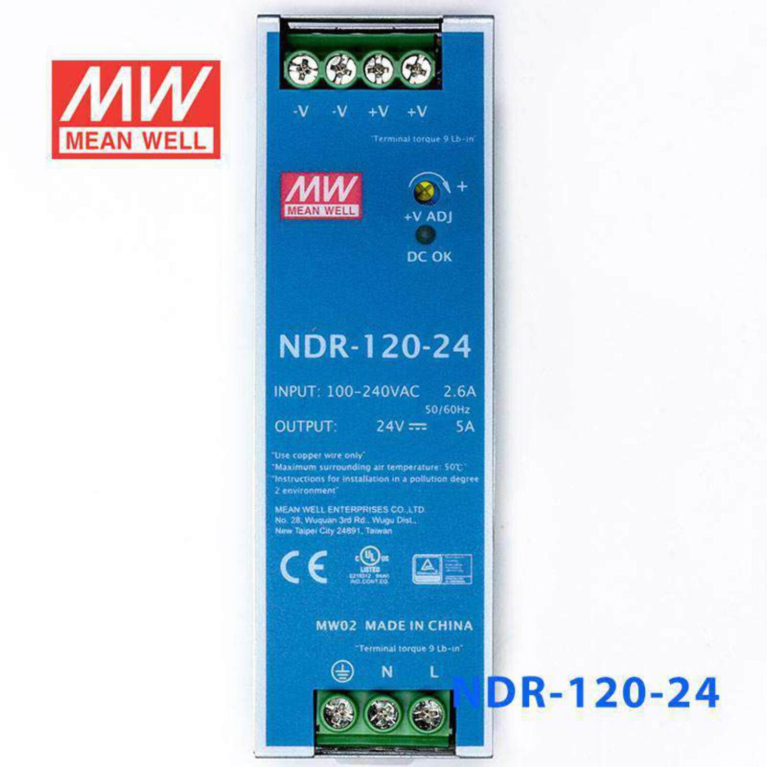 Mean Well NDR-120-24 Single Output Industrial Power Supply 120W 24V - DIN Rail