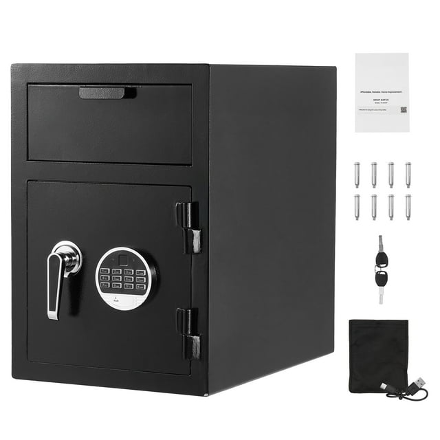 KFFKFF 1.2 Cubic Feet Drop Safe, Large Capacity Front Drop Slot Safe Box with Digital Keypad, Heavy Duty 2 Tiers Cash Depository Box with Spare Keys, Black