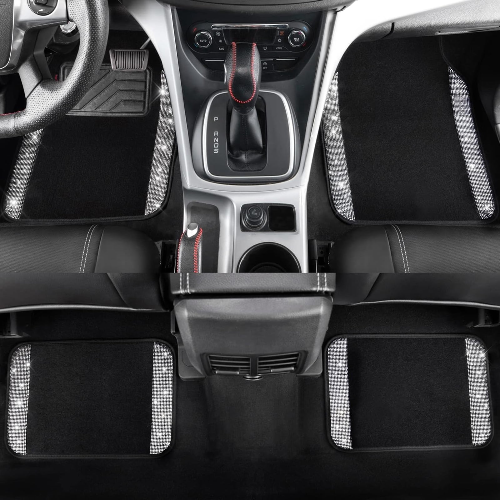 Car-Grand Bling Rhinestone Diamond car floor mats shining carpet sparkly glitter crytal with anti-slip heel waterproof universal fit cute girl women 4pcs Black silver