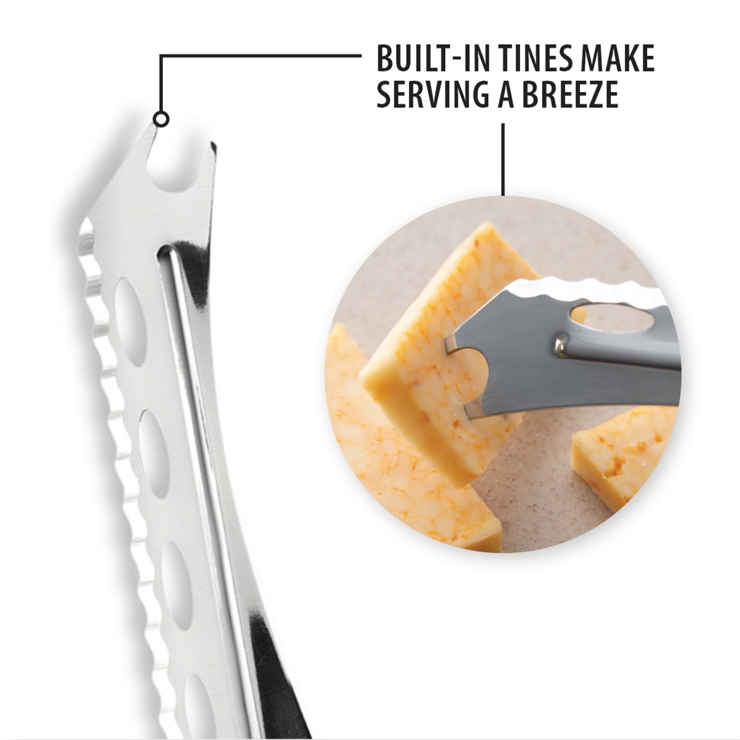 Rada Serrated Cheese Knife, Stainless Steel, Hand-Sharpened, 5.25 inch Forked Tip, Cutout Blade Knives, Aluminum Handle