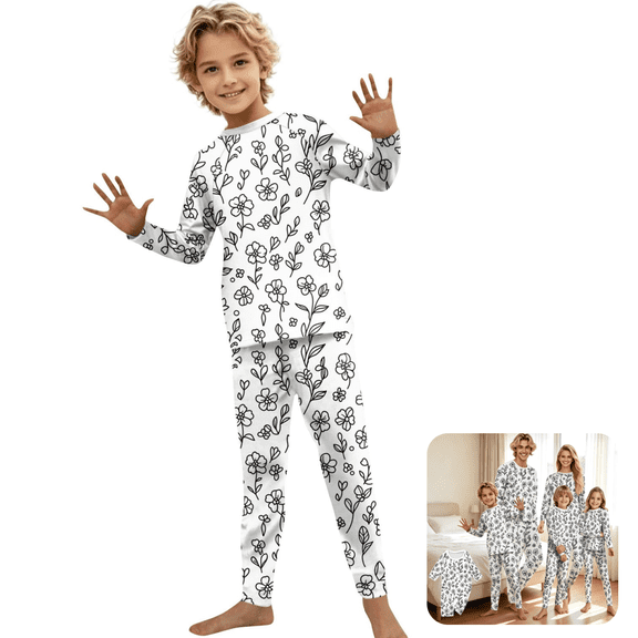Mfakffe Family Matching DIY Coloring Pajama Set Crew Neck Long Sleeve Tops and Pants Loungewear Floral Doodle Sleepwear for Spring Fall