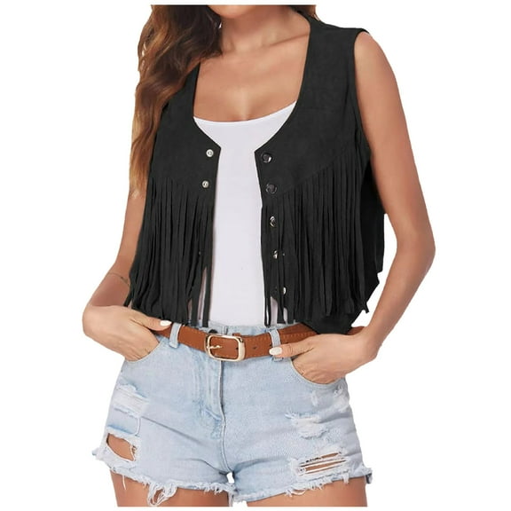 FAVIPT 2024 Women Cowgirl Tassel Sleeveless Vest,Womens Tassel Vest 70s Hippie Faux Suede Irregular Hem Fringe Jacket,Tassel Vest for Women Cowgirl S-XXXL