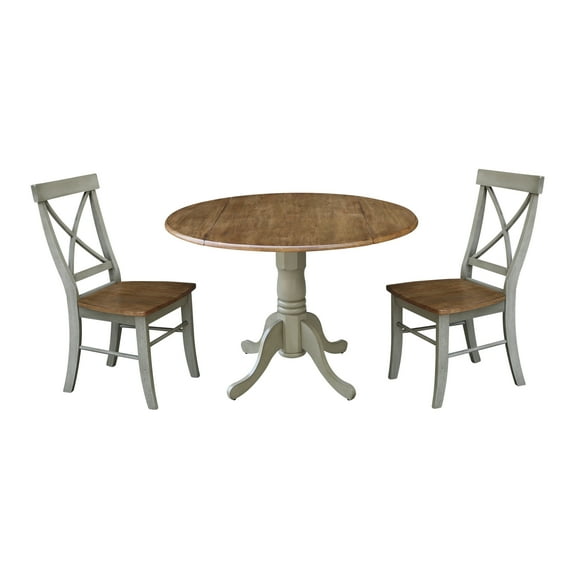 42" Solid Wood Dual Drop Leaf Pedestal Dining Table With 2 Cross Back Chairs in Distressed Hickory/Stone by International Concepts