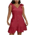 thumbnail image 2 of Deals SMihono Plus Size Textured Mini Dresses for Women Casual Bowknot Strap Sleevevless Button Decor Ruffle Hem Tank Beach Sundress Wine L, 2 of 7