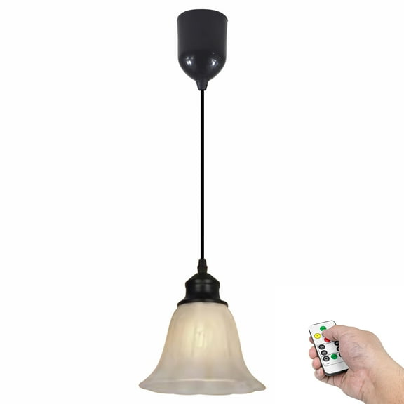 Kiven Battery Operated Pendant Light with Remote Control, 1 Set Rechargeable Hanging Pendant Light Adjustable Height with Frosted Glass Lampshade for Bedroom Kitchen Home Decor TB3503
