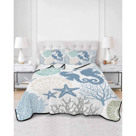 Quilts King Size, Coastal Seahorse Soft Comforter Bedding Set for Bed, Nautical Beach Ocean Shells Starfish Lightweight Quilted Bedspread with Pillow Cover(2 Pieces) for All Season, 96x106 Inch
