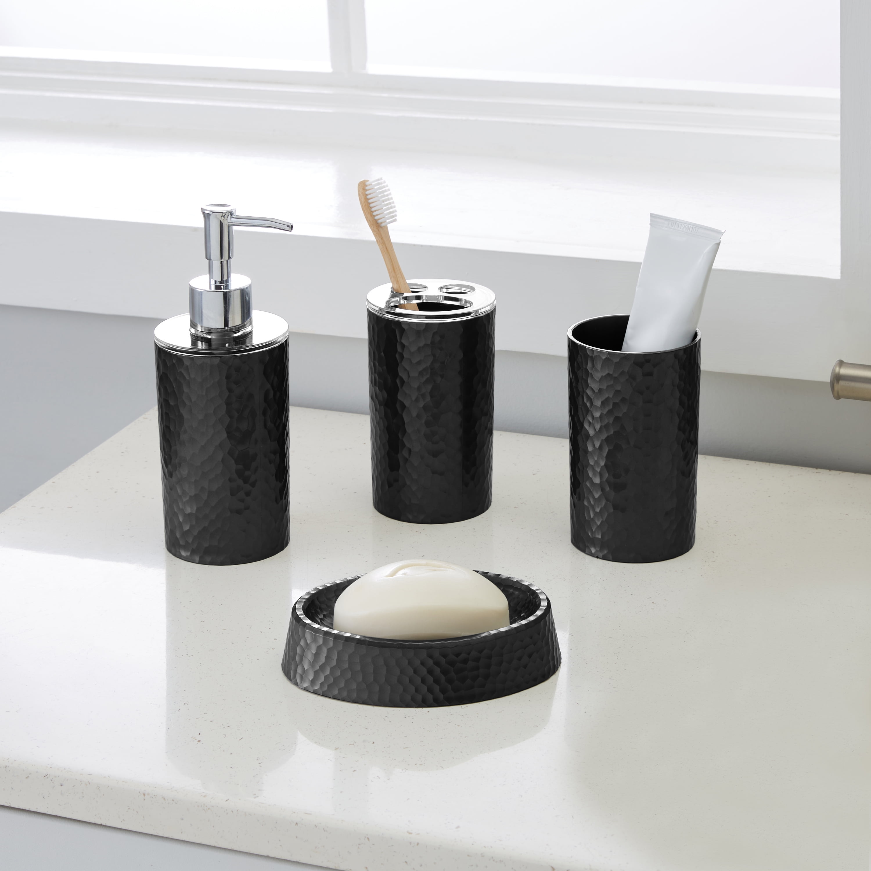 Bath Bliss Hammered Texture 4 Piece Bath Accessory Set in Black