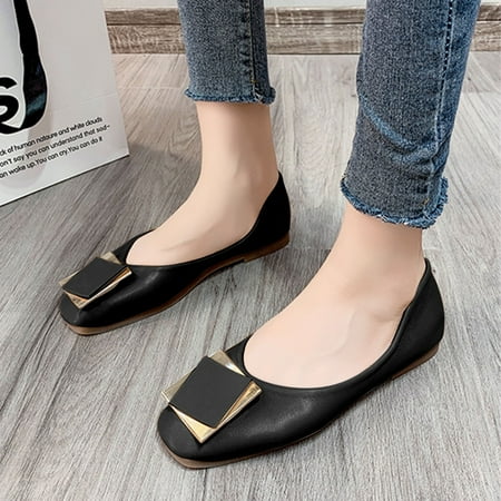 

HIBRO Women s Shoes Fashion Square Buckle Flat Soft Bottom Peas Shoe Casual Shoes