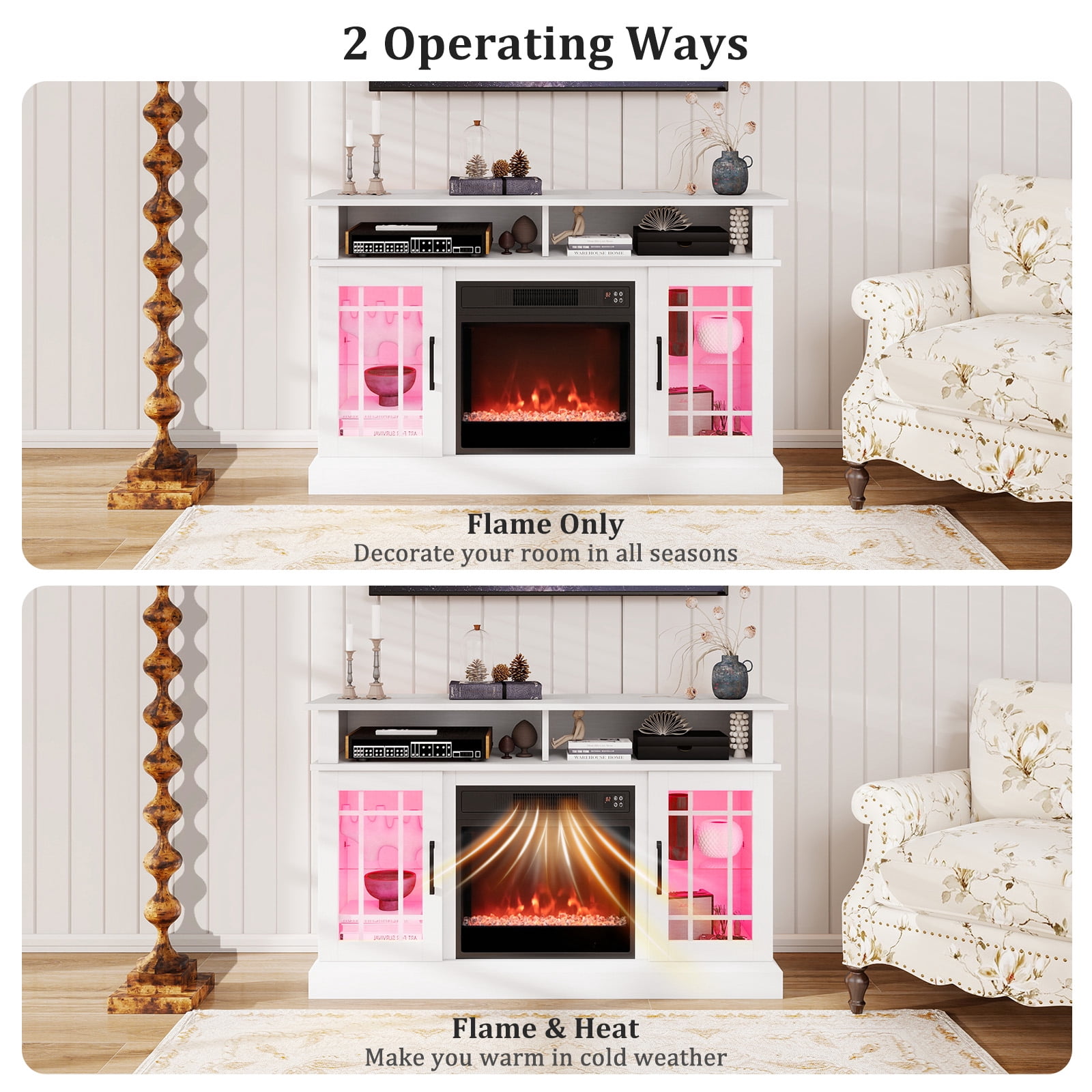 Costway TV Stand with Electric Fireplace LED Lights Remote Controls Storage Cabinets for TVs Up to 55 Inches White