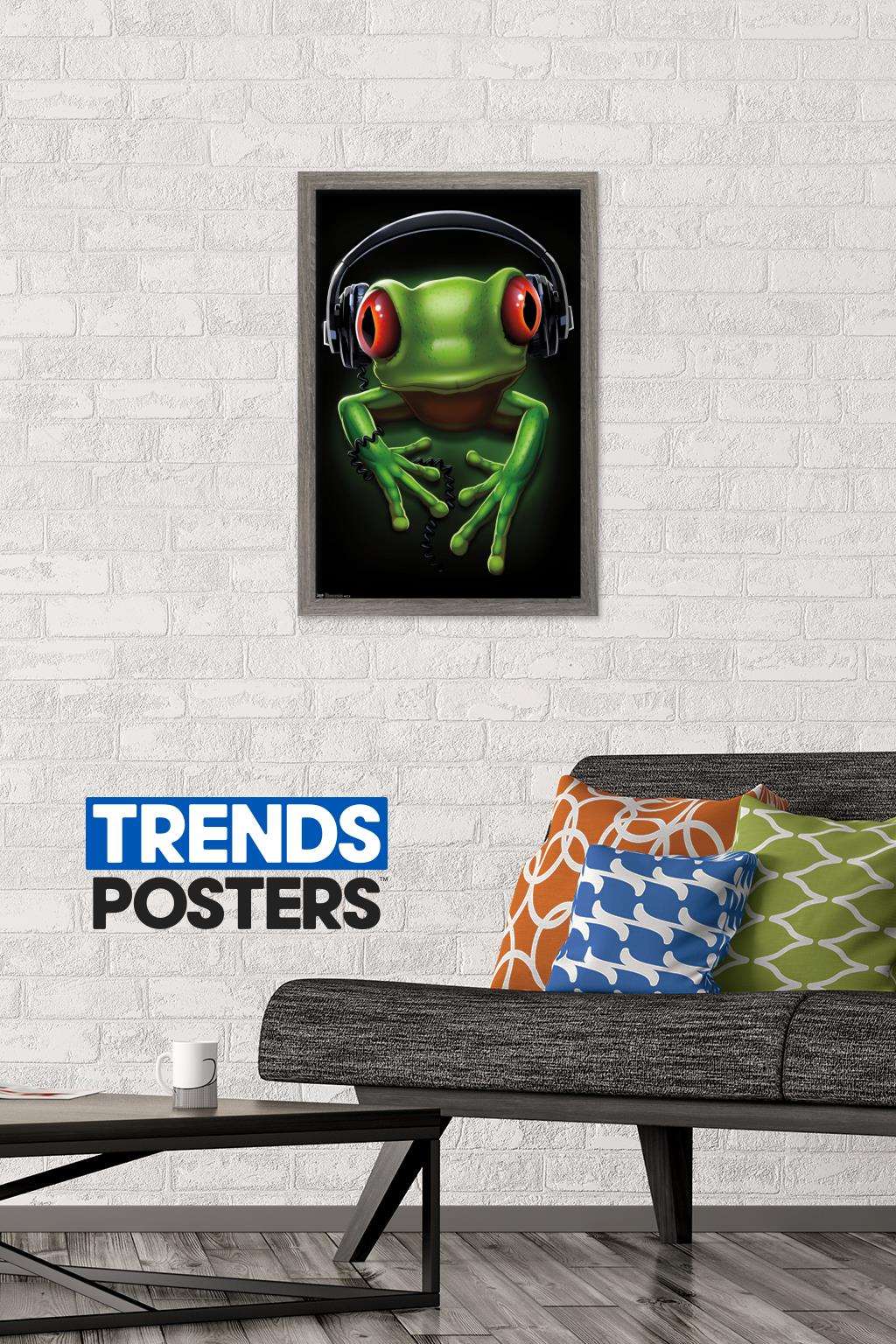 Frog - Headphones Wall Poster, 14.725" x 22.375", Framed