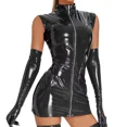 thumbnail image 4 of Vestido de fiesta de cuero brillante para mujer, Sexy, sin mangas, cremallera, entrepierna abierta, bolsa de vaina de látex, falda de cadera, traje de club nocturno Sexy, 4 of 5