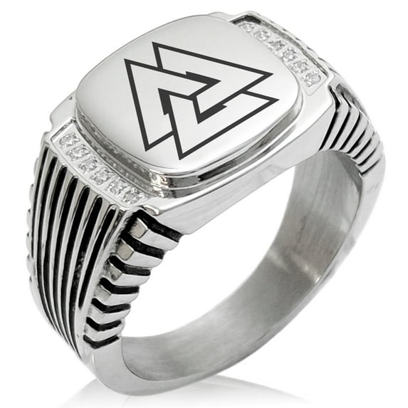 Stainless Steel Norse Valknut Viking CZ Ribbed Needle Stripe Pattern Biker Style Polished Ring