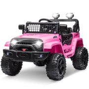 Clovercat 12v 7 Hours Powered Kids Ride on Toys Truck Car with Parent Remote Control, Bluetooth Music, Spring Suspension, Led Lights, Pink