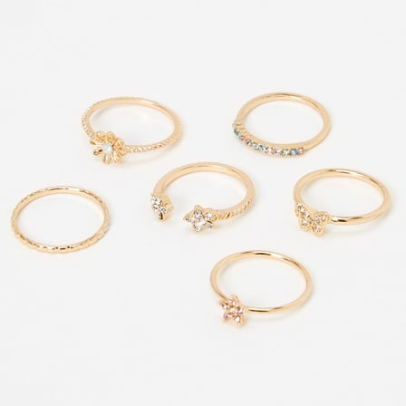 Claire's Gold Butterfly Star Rings - 6 Pack | Stainless Steel, Cubic Zirconia Gemstone
