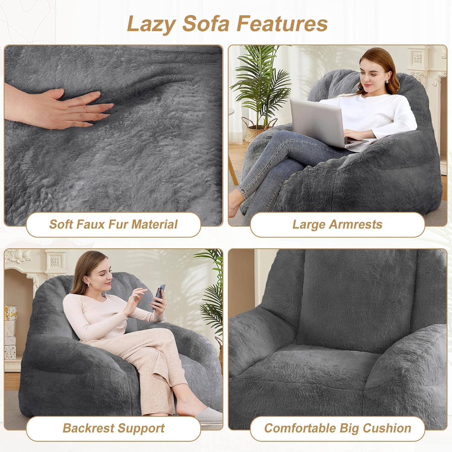 Bean Bag Chairs for or Adults Teens, Large Bean Bag Sofa Chairs with Filling for Basement, Living Room, Game Room, Dark Gray