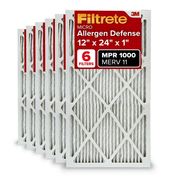 Filtrete 12x24x1 AC Furnace Air Filter MERV 11 MPR 1000 Micro Allergen Defense 3-Month Pleated 1-Inch Electrostatic Air Cleaning Filter 6 Pack (Actual Size 11.69x23.69x0.81 in)