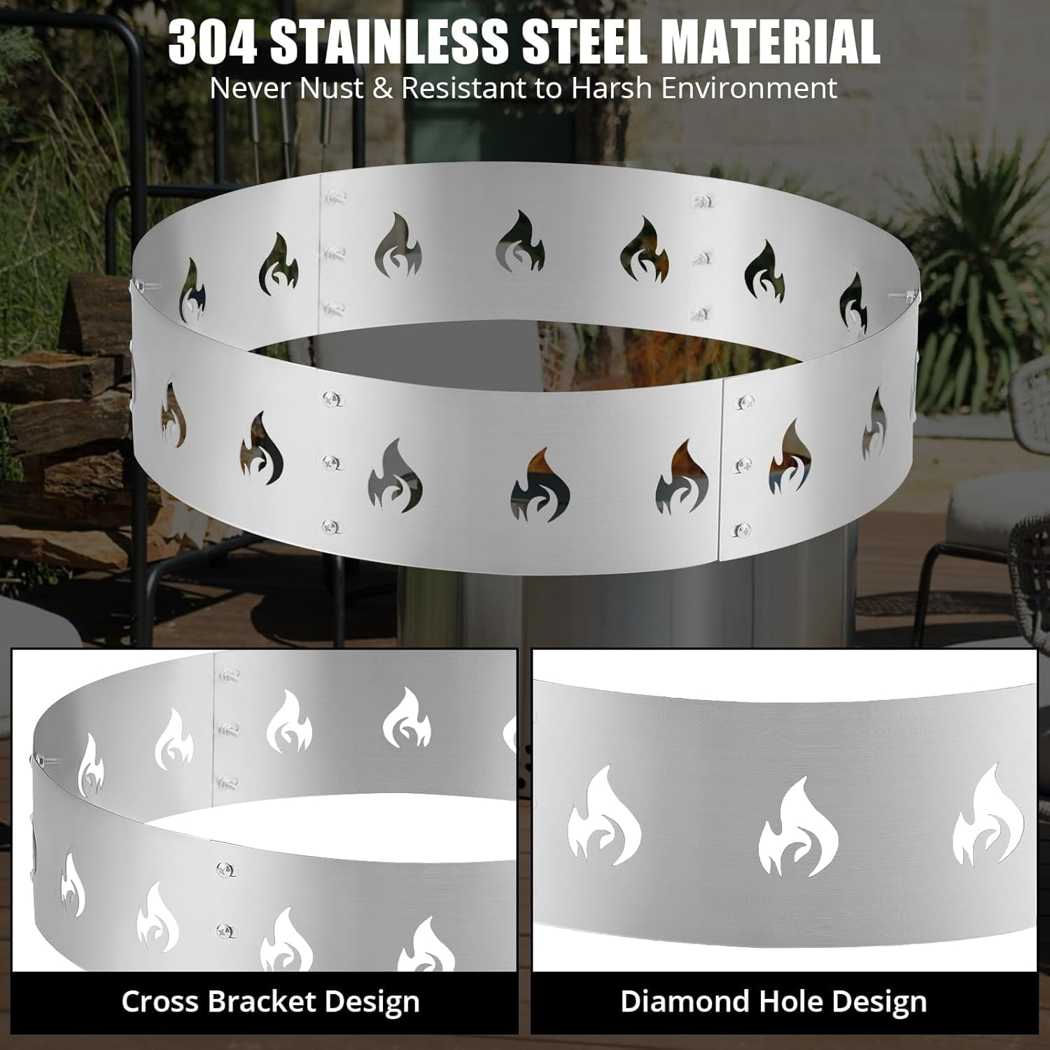 Luku 23.3" Round Fire Ring - Heavy-Duty 2.5mm Thick Steel Fire Pit Ring with High-Temperature Paint for Patio and Backyard