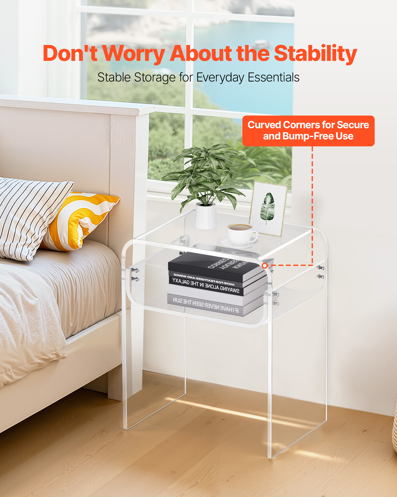 VEVOR Acrylic Side Table, 2 Tiers Clear Bedside Table with Storage Shelf, Modern Rectangle Acrylic End Desk, Transparent Thick Nightstand for Bedroom, Living Room, Study, 11.8 x 15.7 x 19.7in (Clear)