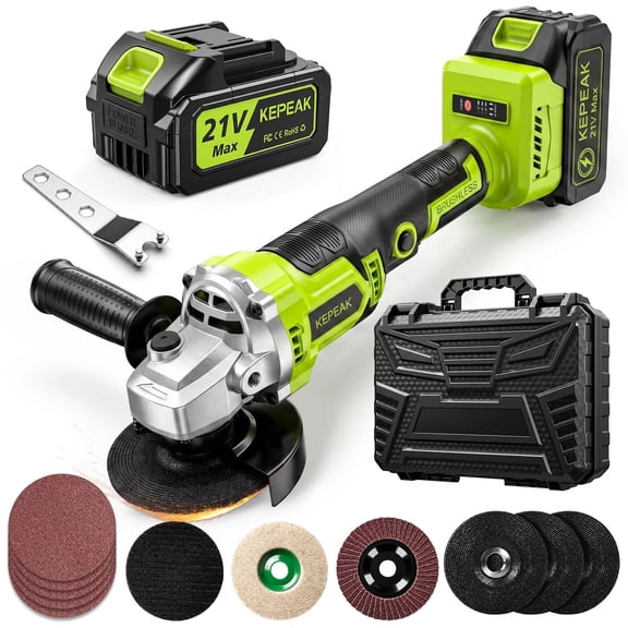 21V Cordless Angle Grinder Kit, Kepeak 8000RPM Brushless Motor, Handheld Grinding Tool, with Charger, Cutting Wheels and Polishing Accessories