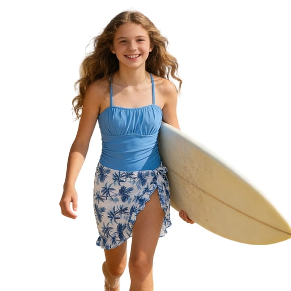 TGPMGRZ Girls Swimsuit One Piece Swimwear Top with Tropical Print Cover Up Skirt Girls Bathing Suit 7-16 Years (Blue, 13-14 Years)
