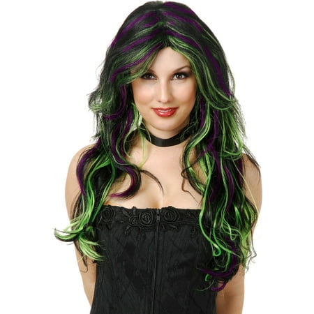Dark Witch Wig - Womens Black Emerald Witch Costume Wig With Green And Purple Highlights