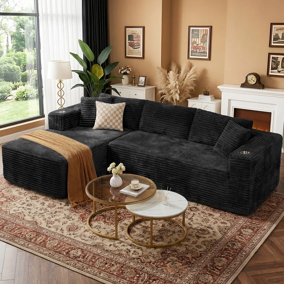 Walsunny Sectional Sofa Boneless Couch L Shaped Modular Corduroy Cloud Couch with Cup Holder for Living Room Black